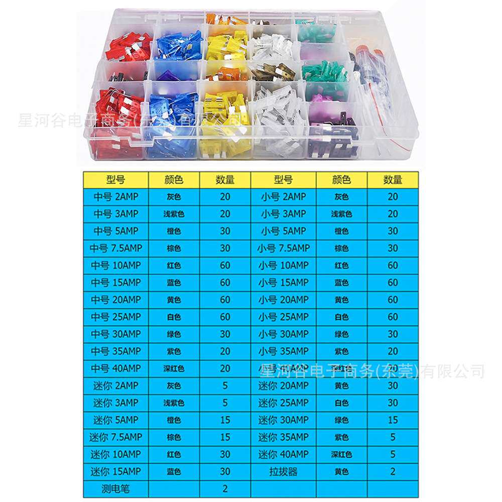 跨境1011PCS盒装 锌片2-40A 中号小号迷你汽车插片式保险丝保险片