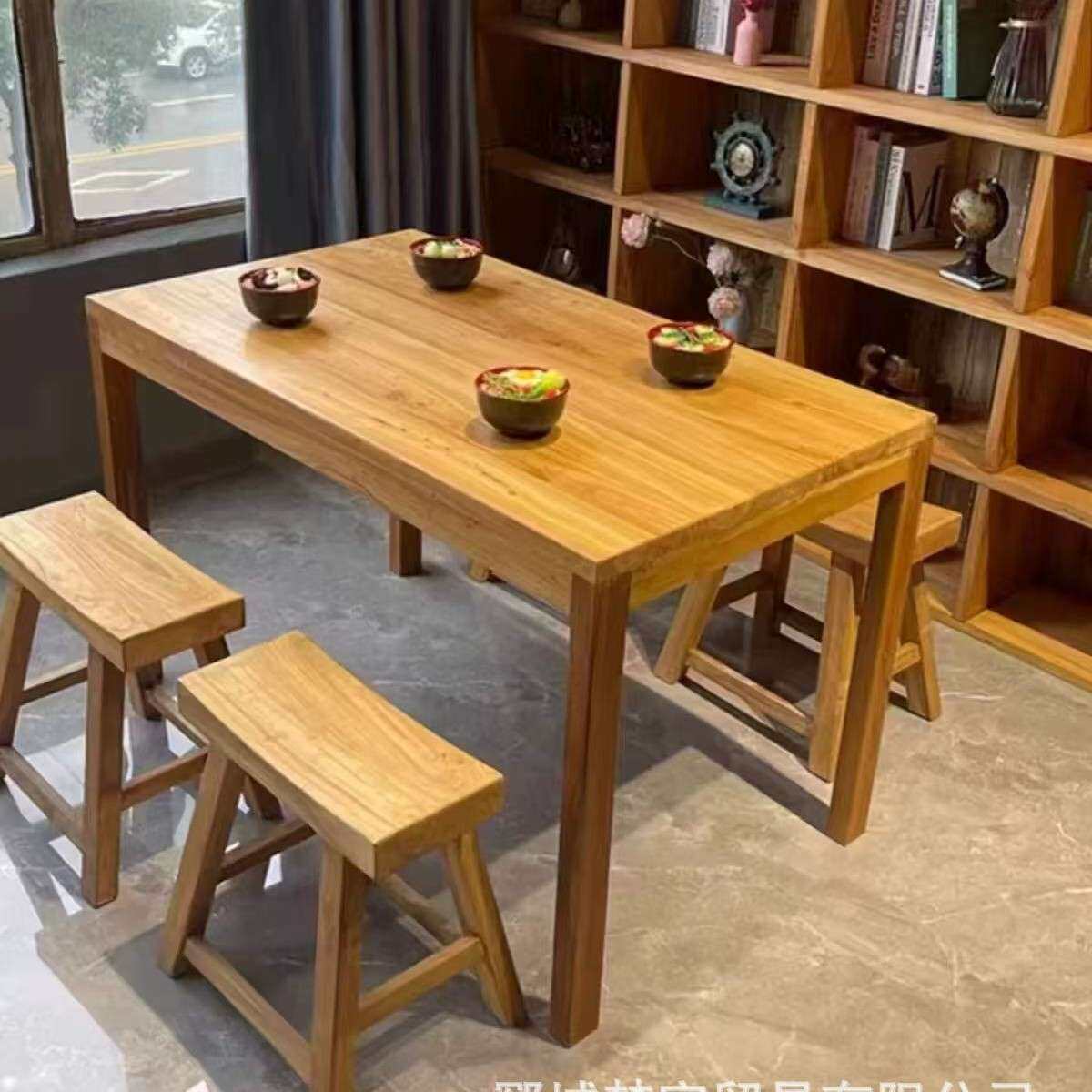 中式老榆木餐桌实木正方形八仙桌加厚办公桌椅商用餐馆吃饭桌茶桌