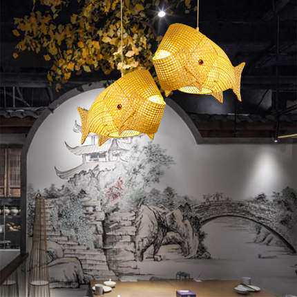 鲤鱼灯 新中式餐厅吊灯饭店餐馆创意鱼日式寿司料理东南亚竹艺灯