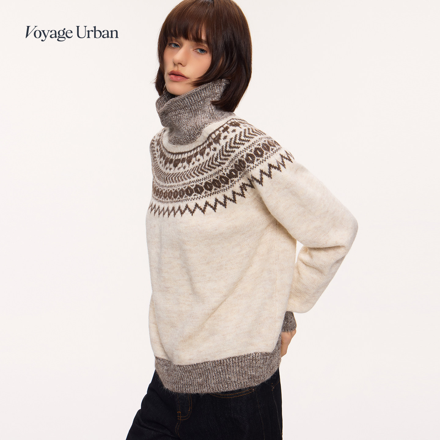 Voyage Urban屿行 费尔岛提花高领毛衣慵懒都市高级套头针织衫女