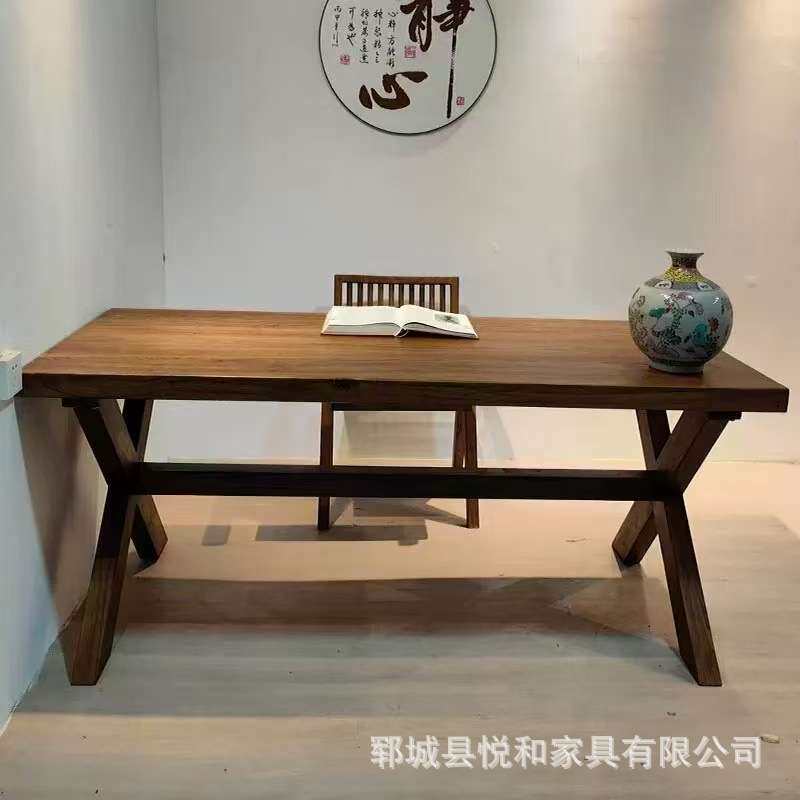 新中式老榆木餐桌椅组合实木酒馆复古长条桌民宿做旧喝茶桌学习桌