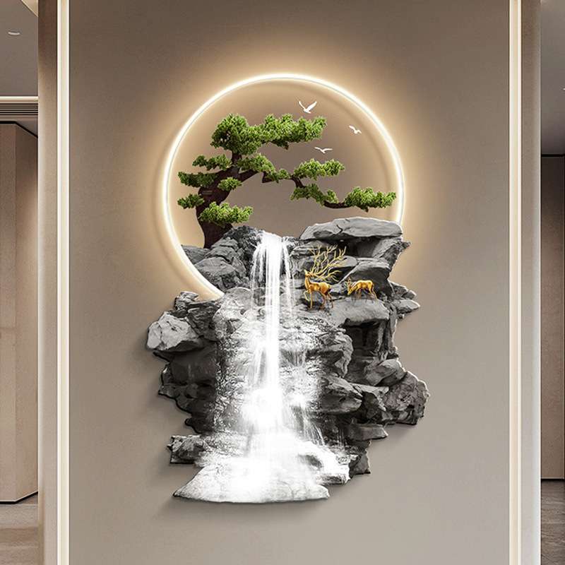 流水生财玄关装饰画带灯新中式麋鹿走廊过道挂件画迎客松发光壁饰