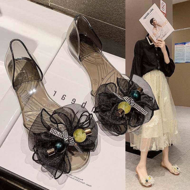 鱼嘴女夏季平底学生时尚花朵水钻蝴蝶结女鞋水晶果冻鞋防水0710z