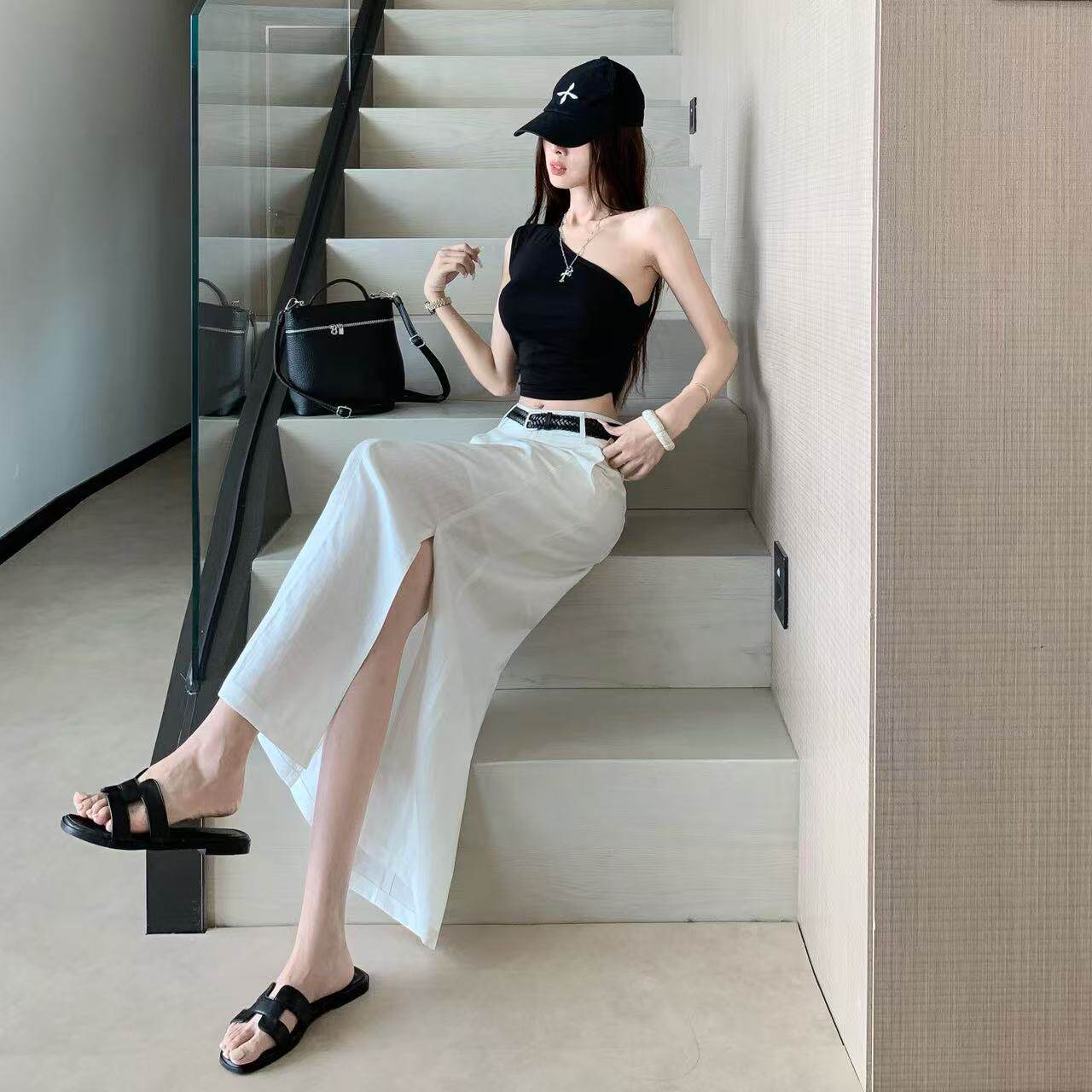 Luna7xi 白色西装半身裙女夏季新款高腰显瘦直筒裙气质通勤开叉裙