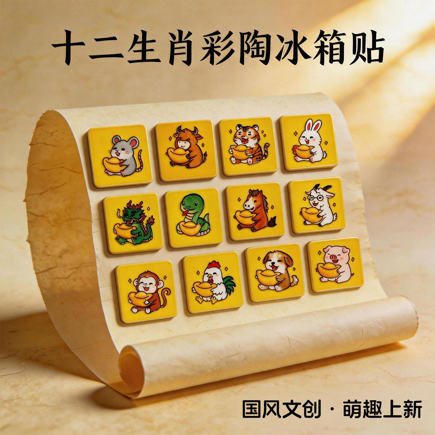 国风文创十二生肖手绘彩陶冰箱贴