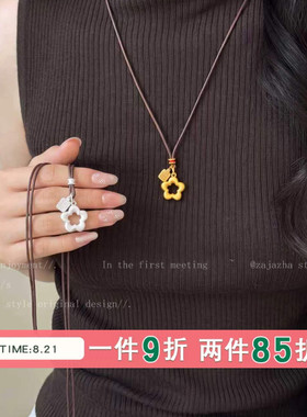 复古哑光金银小花福牌项链女