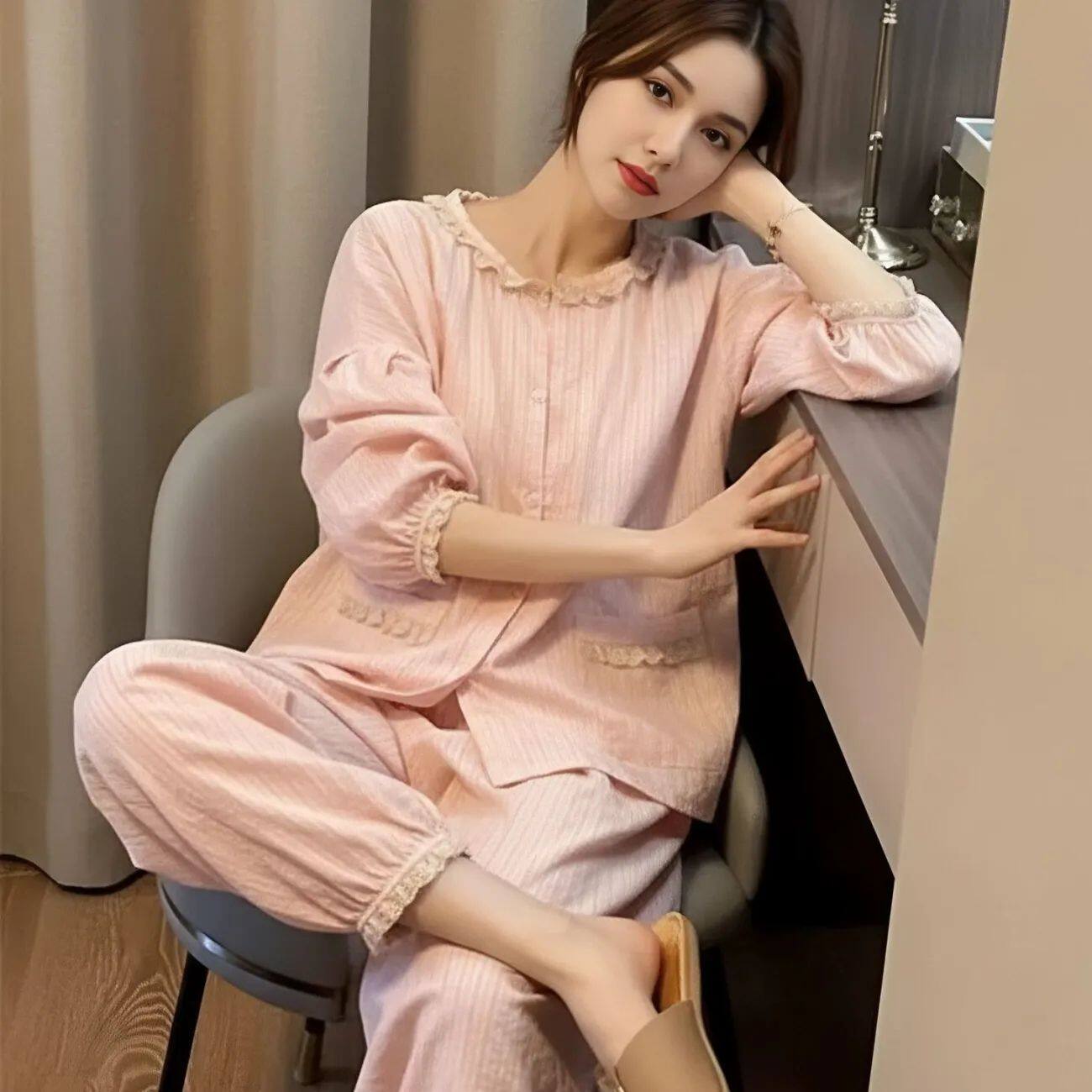 睡衣女春秋季新款纯色蕾丝花边长袖长裤甜美夏天可爱家居服套装女