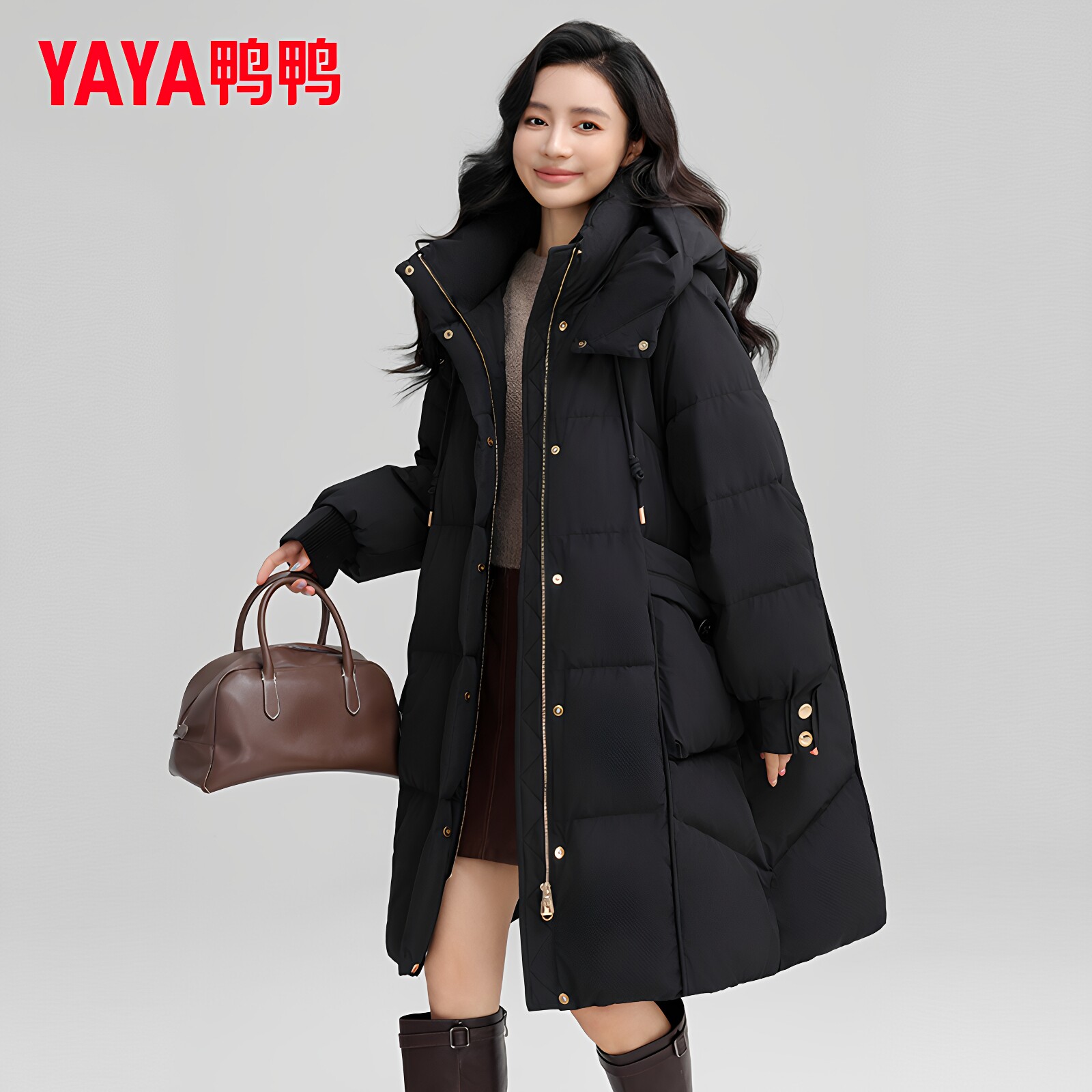鸭鸭集团旗舰店长款羽绒服女2026新款时尚百搭高端黑色连帽外套冬