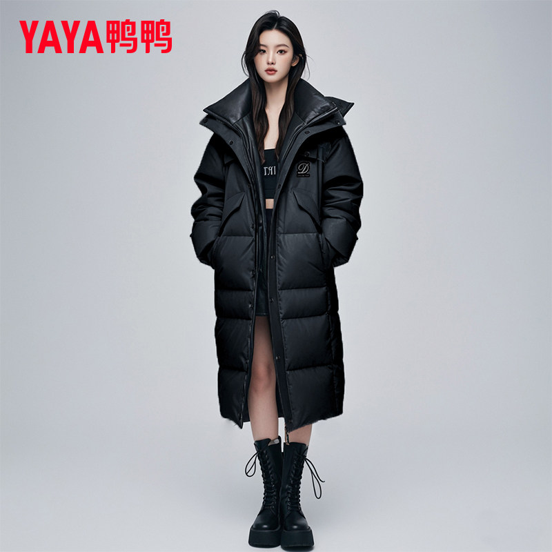 鸭鸭正品简约情侣款黑色羽绒服女长款2026年新款冬季连帽过膝外套