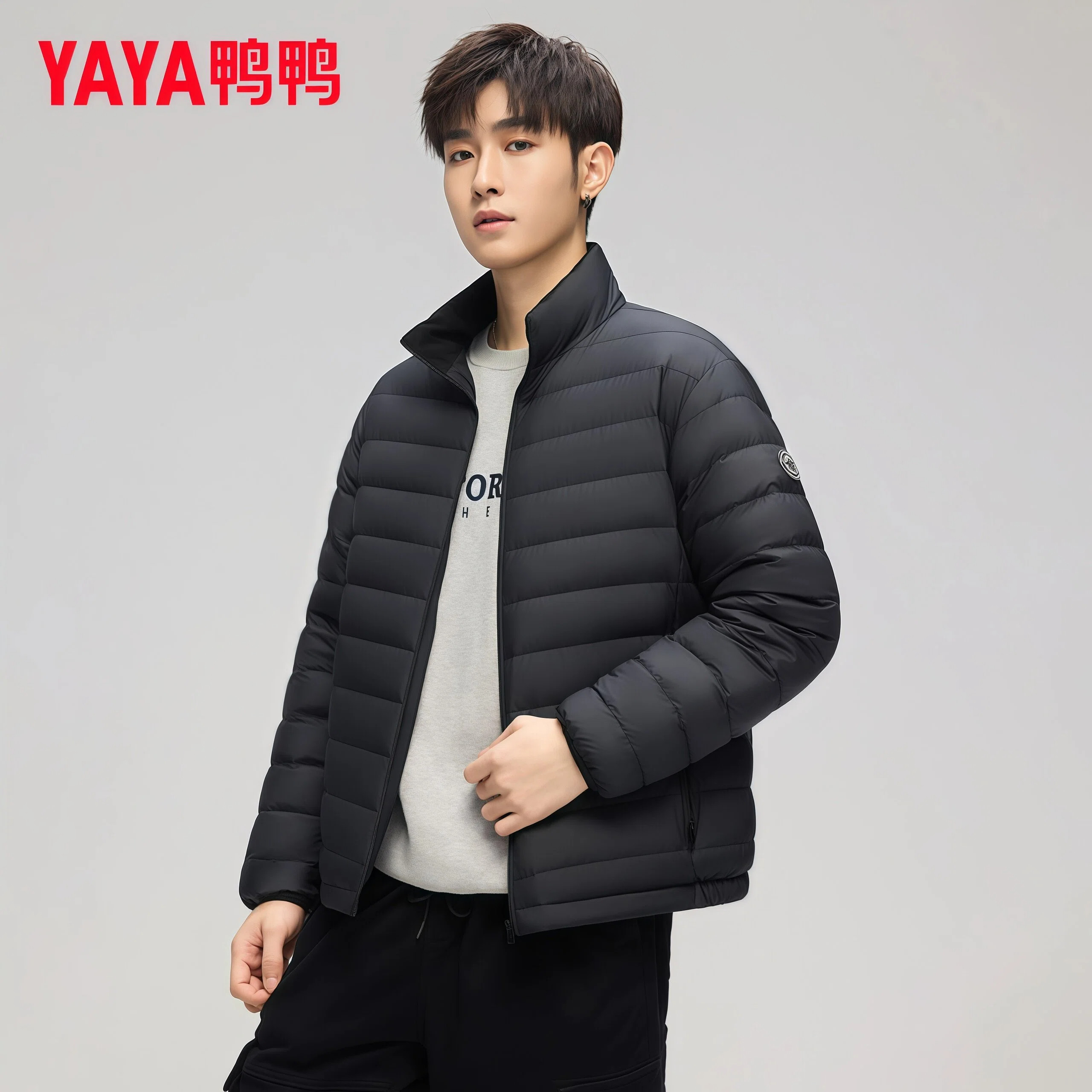 黑色立领轻薄男羽绒服男短款