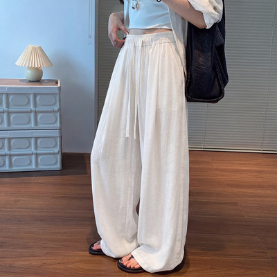 白色亚麻弯刀裤女夏薄款垂坠感老钱风小个子慵懒松弛感休闲阔腿裤