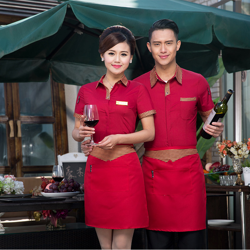 夏季时尚服务员工作服短袖衬衣餐饮火锅茶楼酒店前台定制logo男女