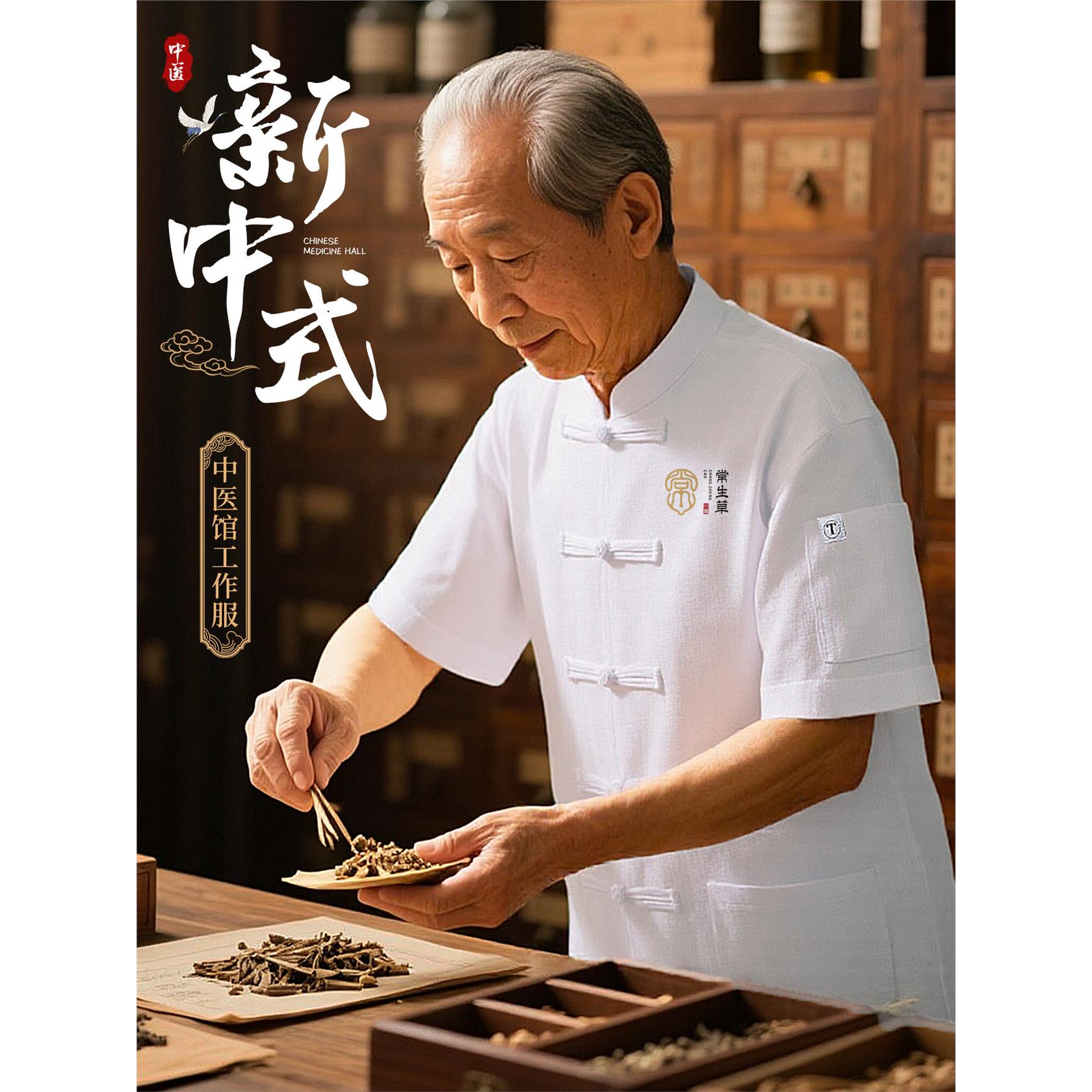 新中式亚麻工作服中医馆养生馆茶馆唐装定制T恤印logo茶艺师国风