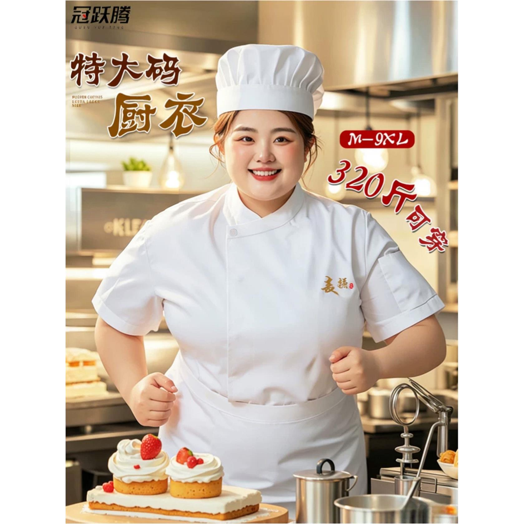 特大码烘焙厨师工作服纯棉短袖蛋糕面包店长袖三件套加肥加大女款