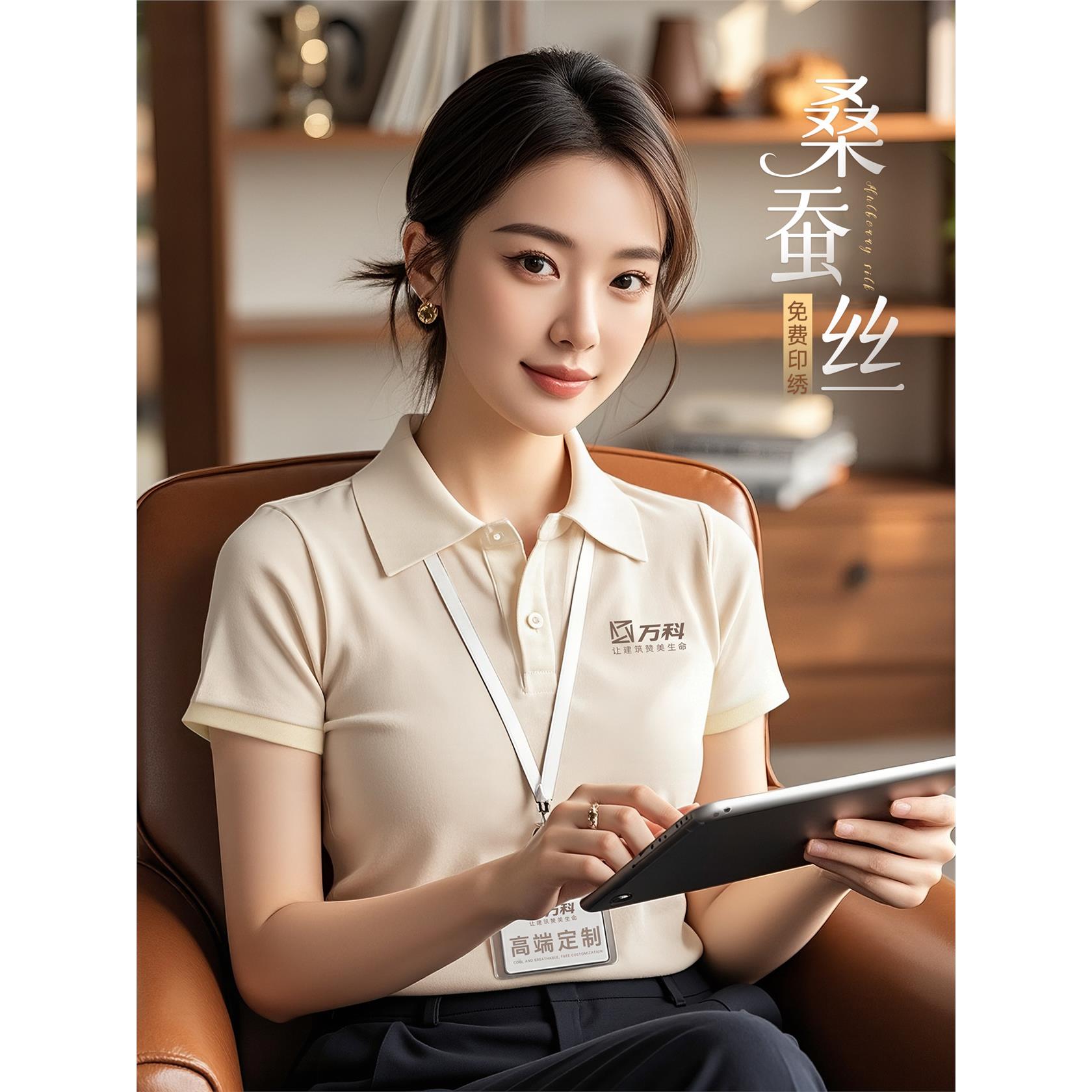 高端桑蚕丝POLO衫工作服定制企业行政商务办公室工装杏色短袖t恤图片