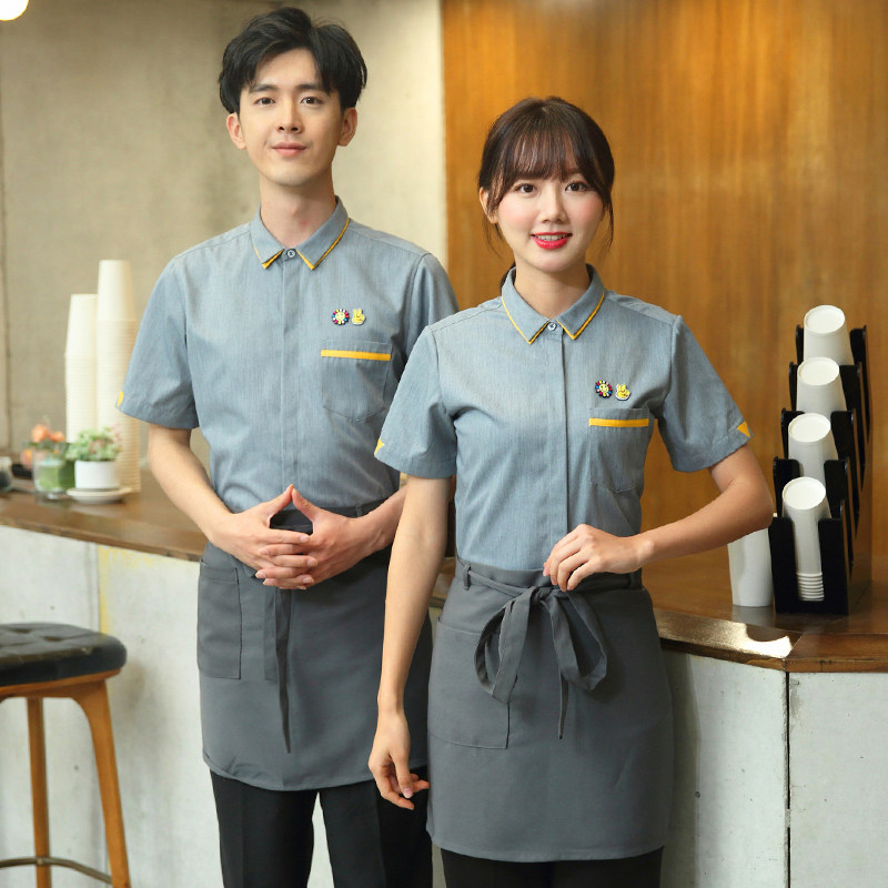 餐饮服务员工作服短袖夏季衬衣咖啡厅奶茶店西餐酒店定制工装男女