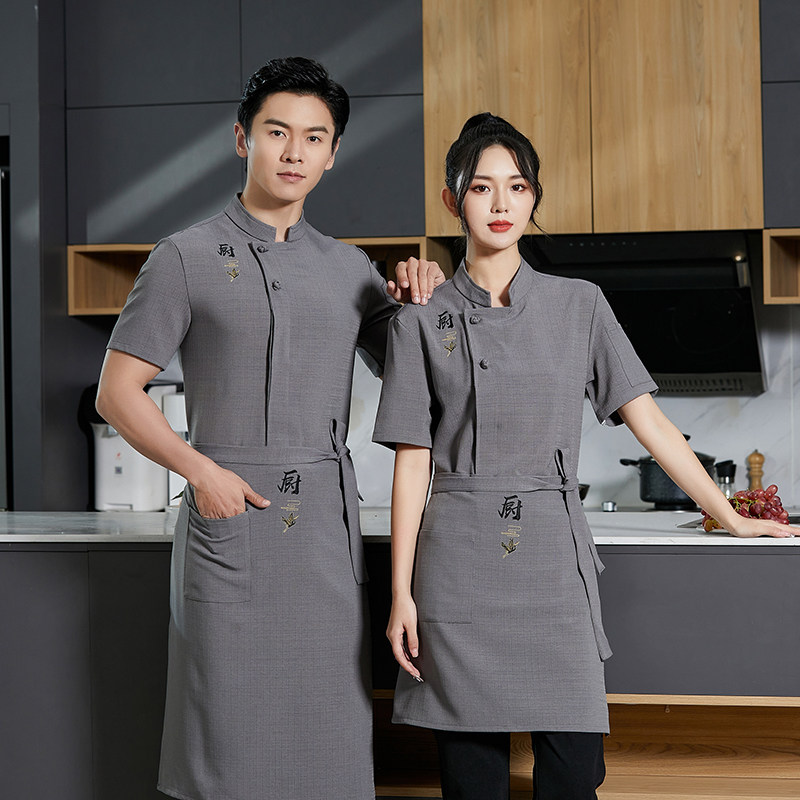 弹力亚麻厨师服男短袖夏季薄款中餐厅饭店厨房衣服中国风定制