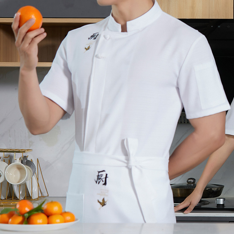 亚麻厨师服短袖夏季薄款透气中式饭厅茶楼厨房餐饮衣服男定制
