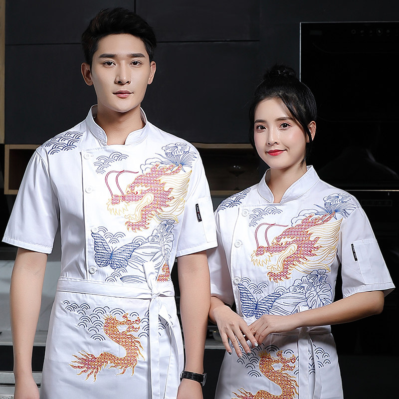 中国风厨师服夏季短袖定制食堂酒店饭厅饭馆厨房餐饮套装男女