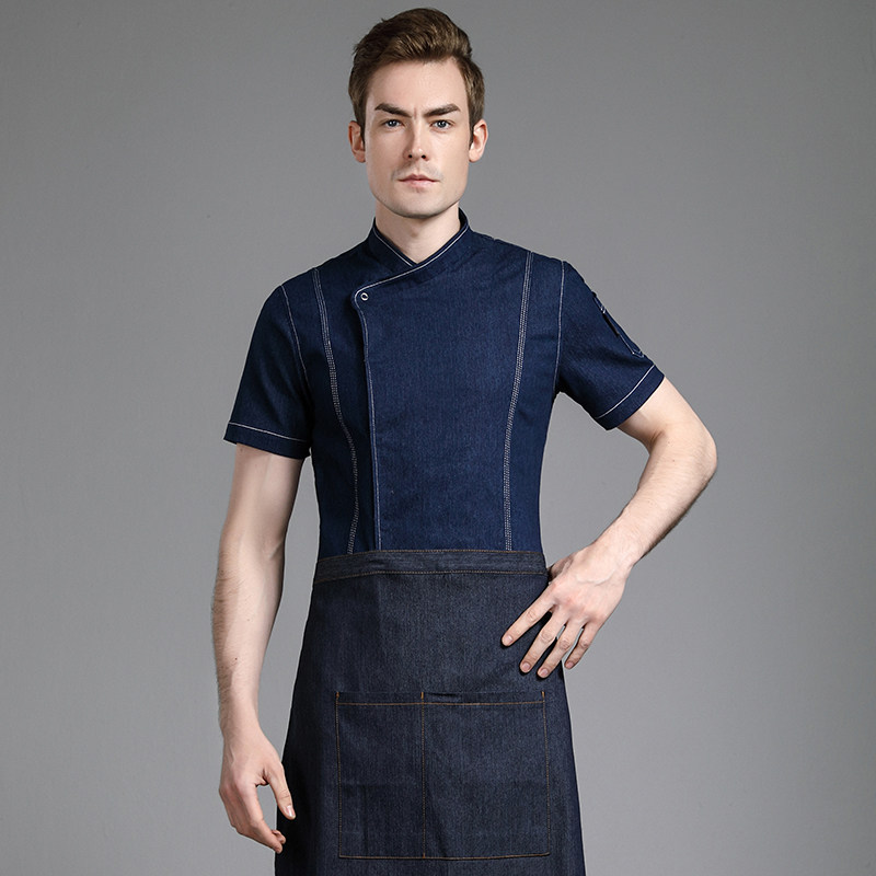 高档牛仔厨师服短袖夏季西餐厅西点师烘焙蛋糕面点师后厨房男