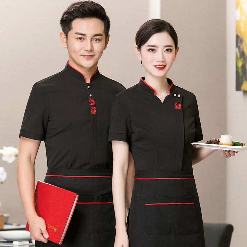 中国风中式复古服务员工作服短袖饭店餐厅火锅店餐饮高端夏装套装