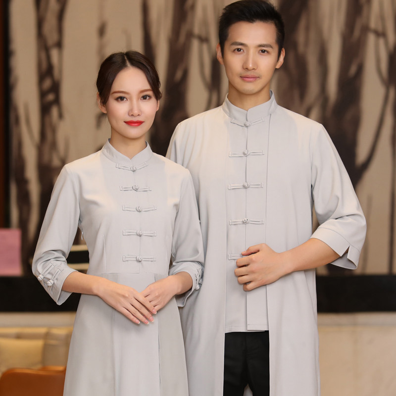 七分袖餐饮制服女夏季盘扣中国风高档酒楼茶餐厅酒店服务员定制