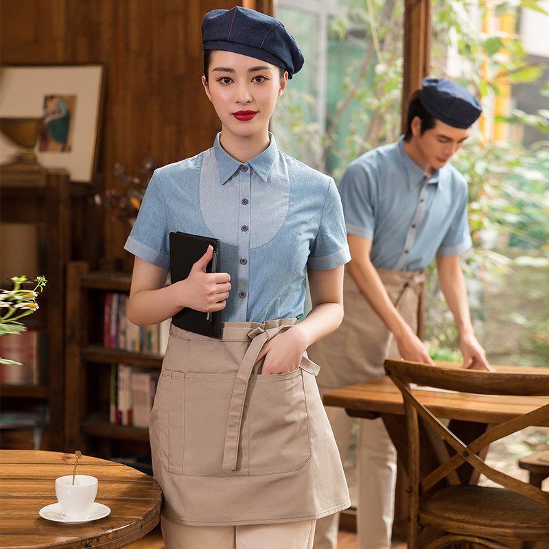 夏季餐饮工作服短袖女款网红奶茶咖啡店西餐厅服务员牛仔衬衫定制