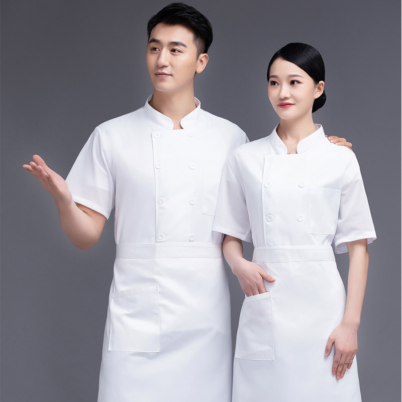 中国风后背透气网夏款短袖厨师工作服咖啡厅五星级酒店大厨定制白