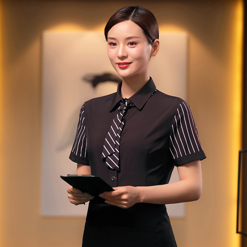 服务员工作服短袖夏季酒店西餐厅咖啡厅时尚衬衣定制logo男女工衣