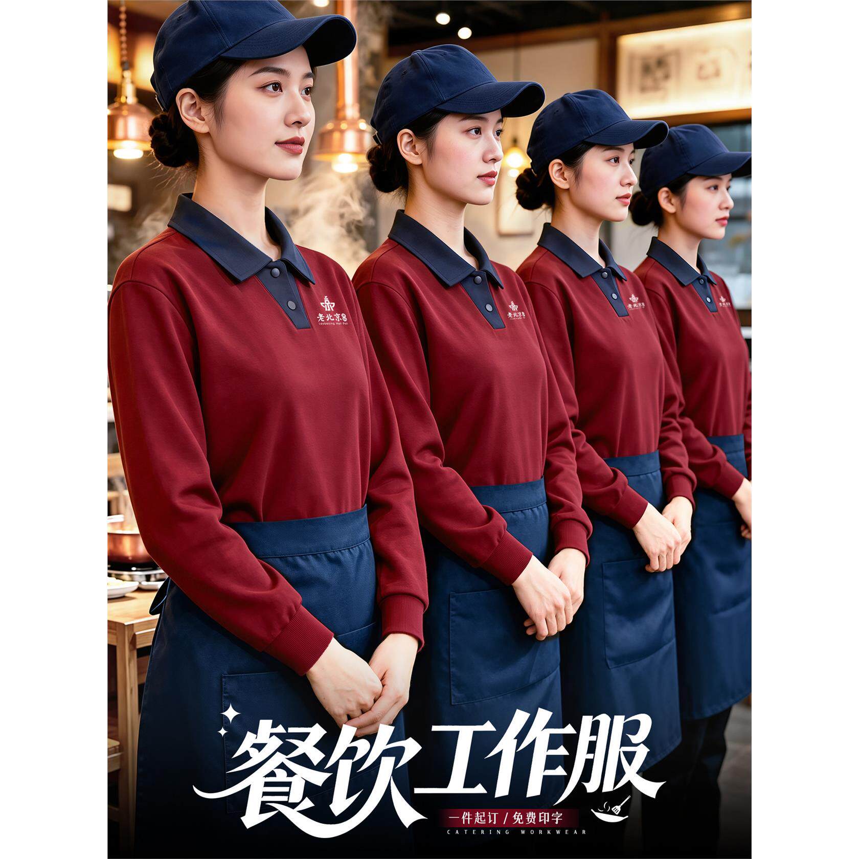 餐饮工作服定制印logo长袖秋冬烧烤火锅店餐厅服务员翻领工装上衣