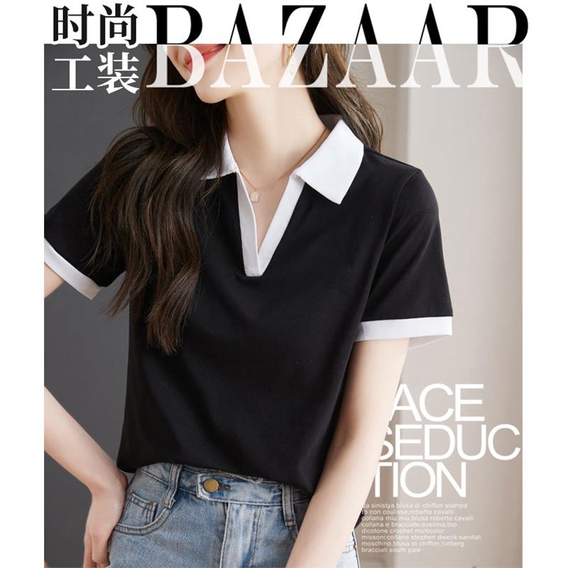 女POLO衫定制logo美容院工作服T恤短袖印字V领工衣纯棉修身翻领夏