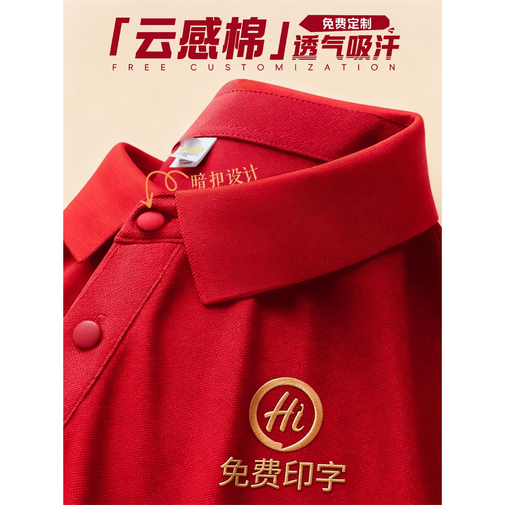 红色纯棉文化polo衫短袖工作服定制logo夏季企业团体工装餐饮t恤图片