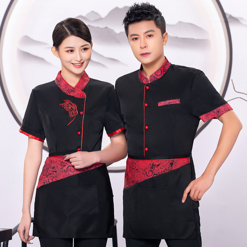 中式夏季服务员工作服短袖女士餐饮烤肉酒店前台定制印字员工套装