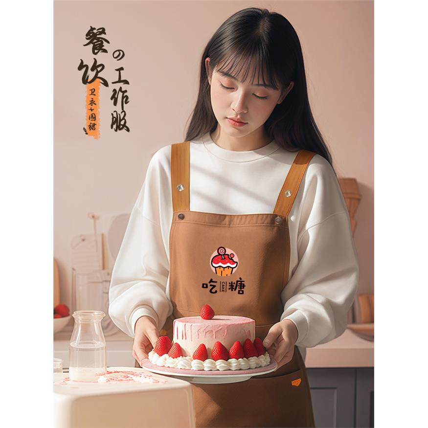 卫衣工作服定制印logo秋冬餐饮专用烘焙甜品店服务员上班围裙套装