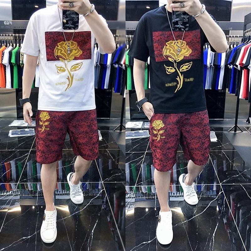 欧洲站夏季时尚休闲男士套装个性字母印花冰丝男上衣+短裤两件套