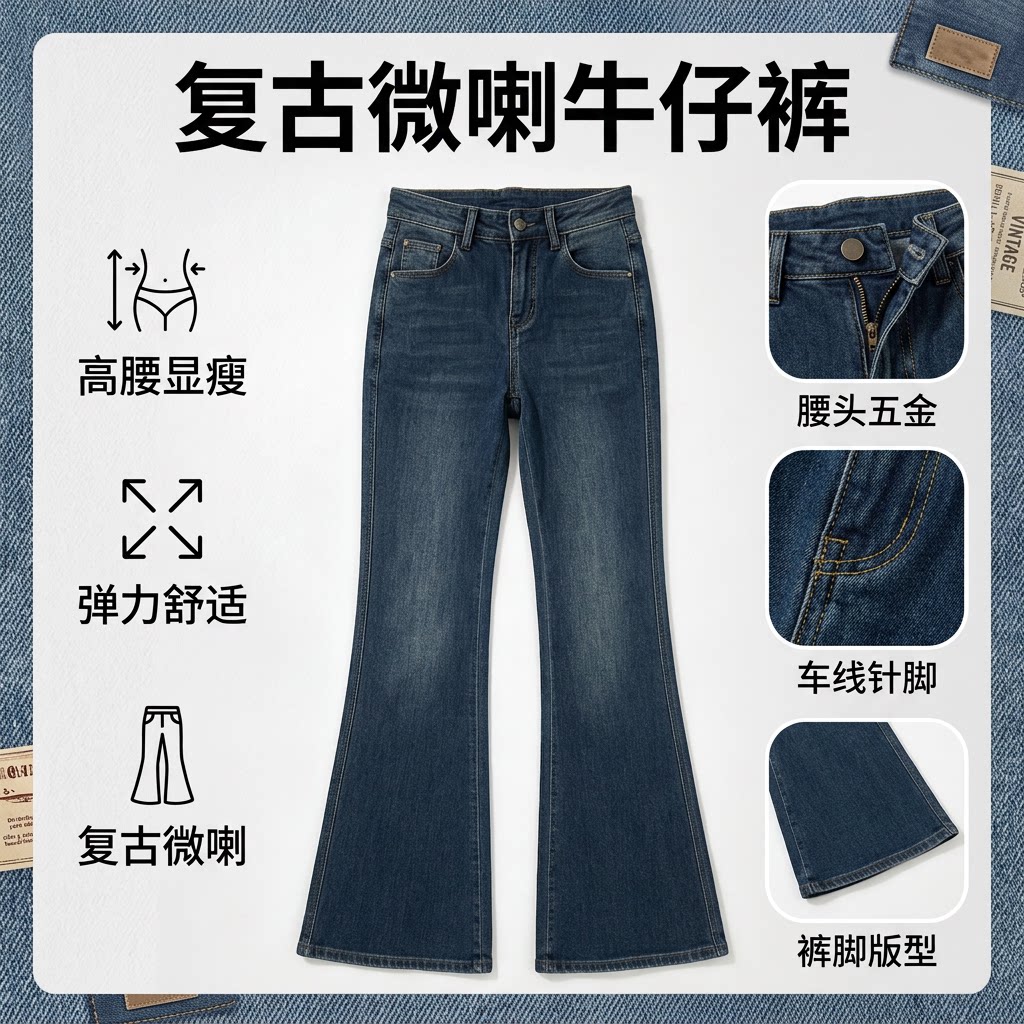 复古高腰微喇牛仔裤女显瘦水洗