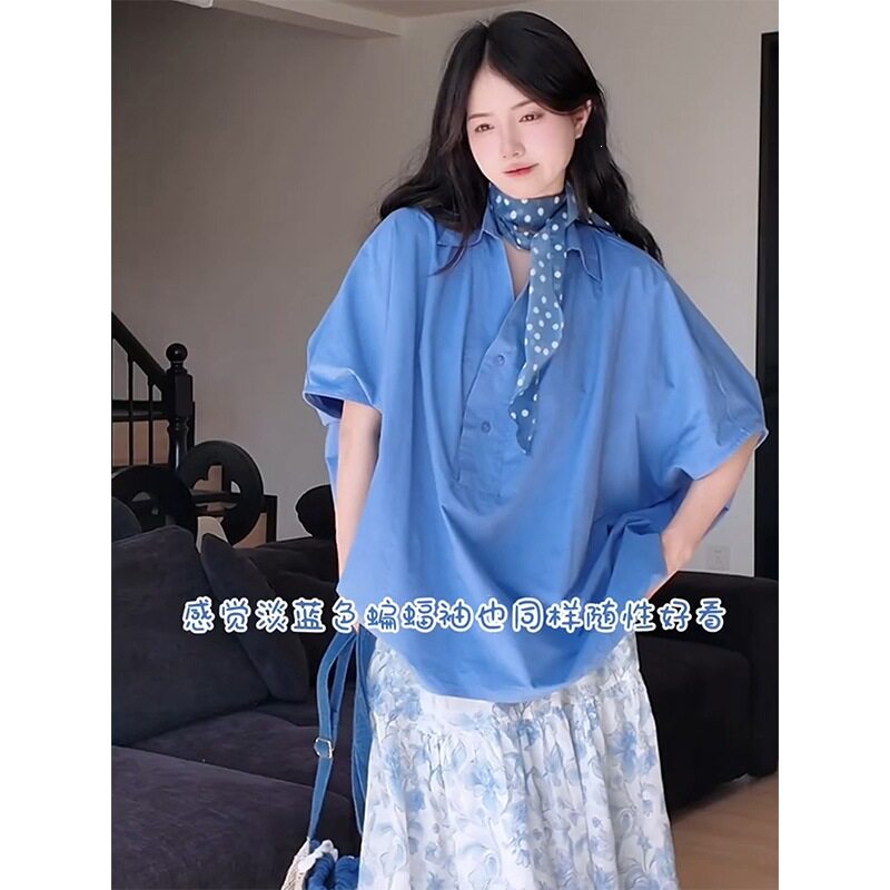 韩系温柔风宽松蝙蝠袖衬