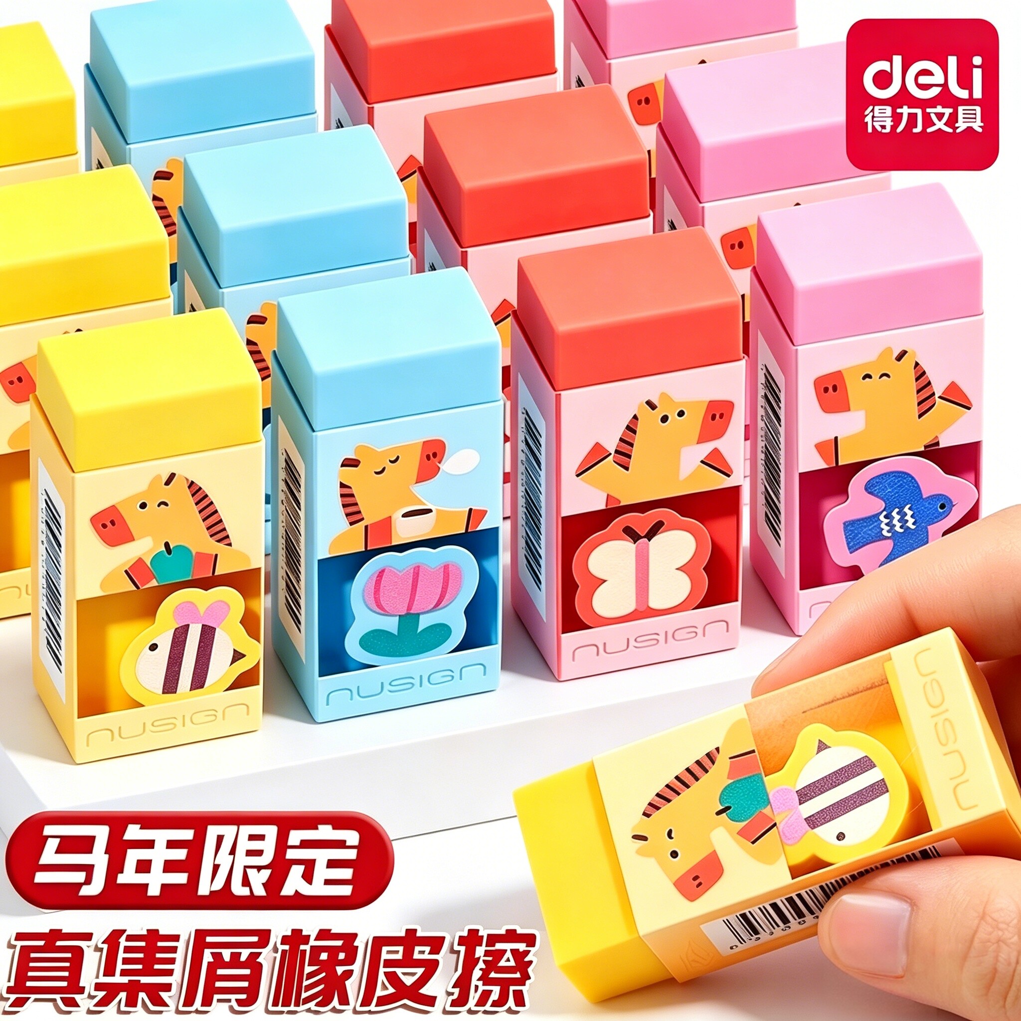 得力纽赛马年限定橡皮高颜值卡通真集屑橡皮擦小学生专用少屑擦得干净不易留痕素描美术绘画涂卡笔2b考试像皮