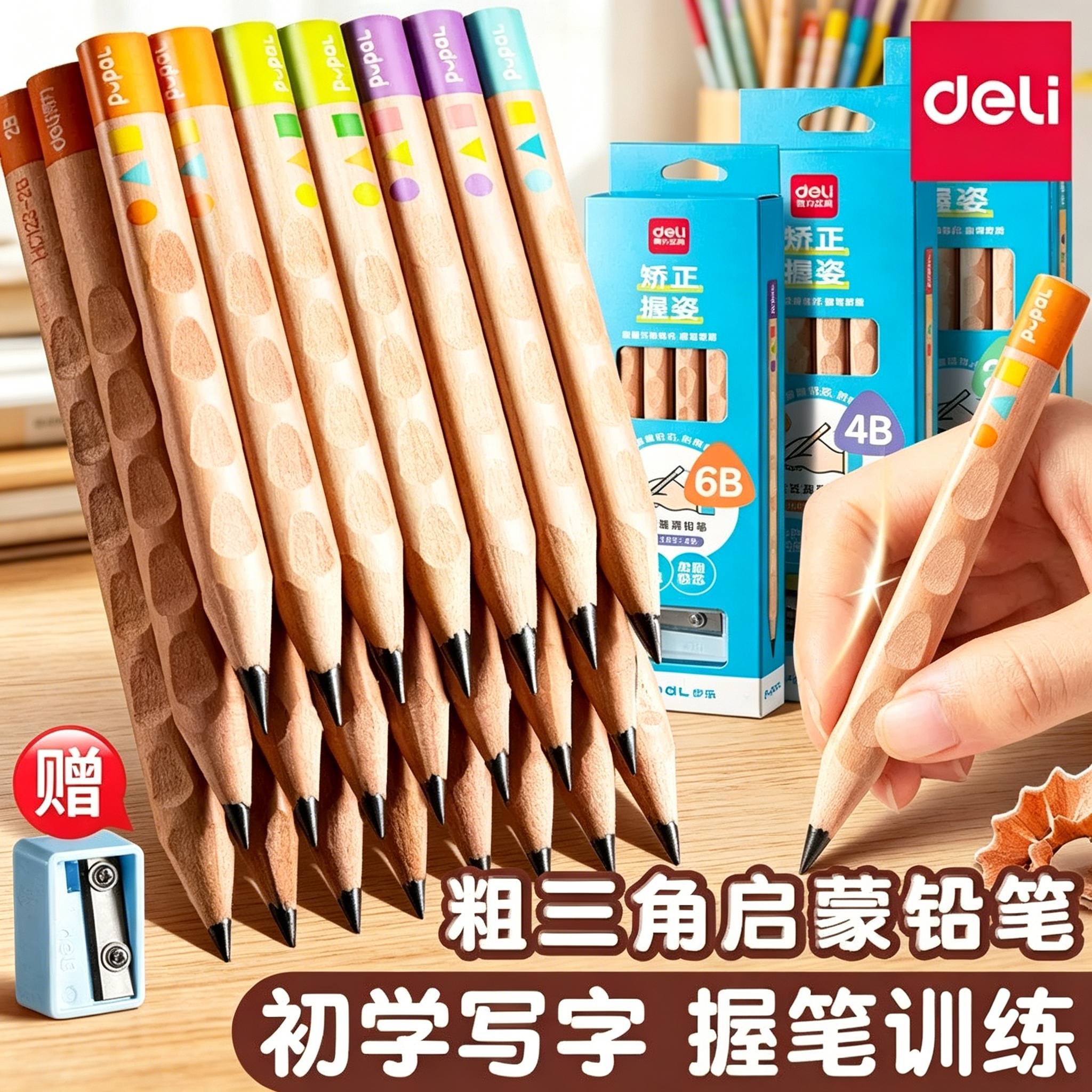 得力儿童原木洞洞铅笔无毒幼儿园2b粗杆三角杆一年级小学生专用练字笔初学者加粗4b6b幼儿宝宝素描美术启蒙