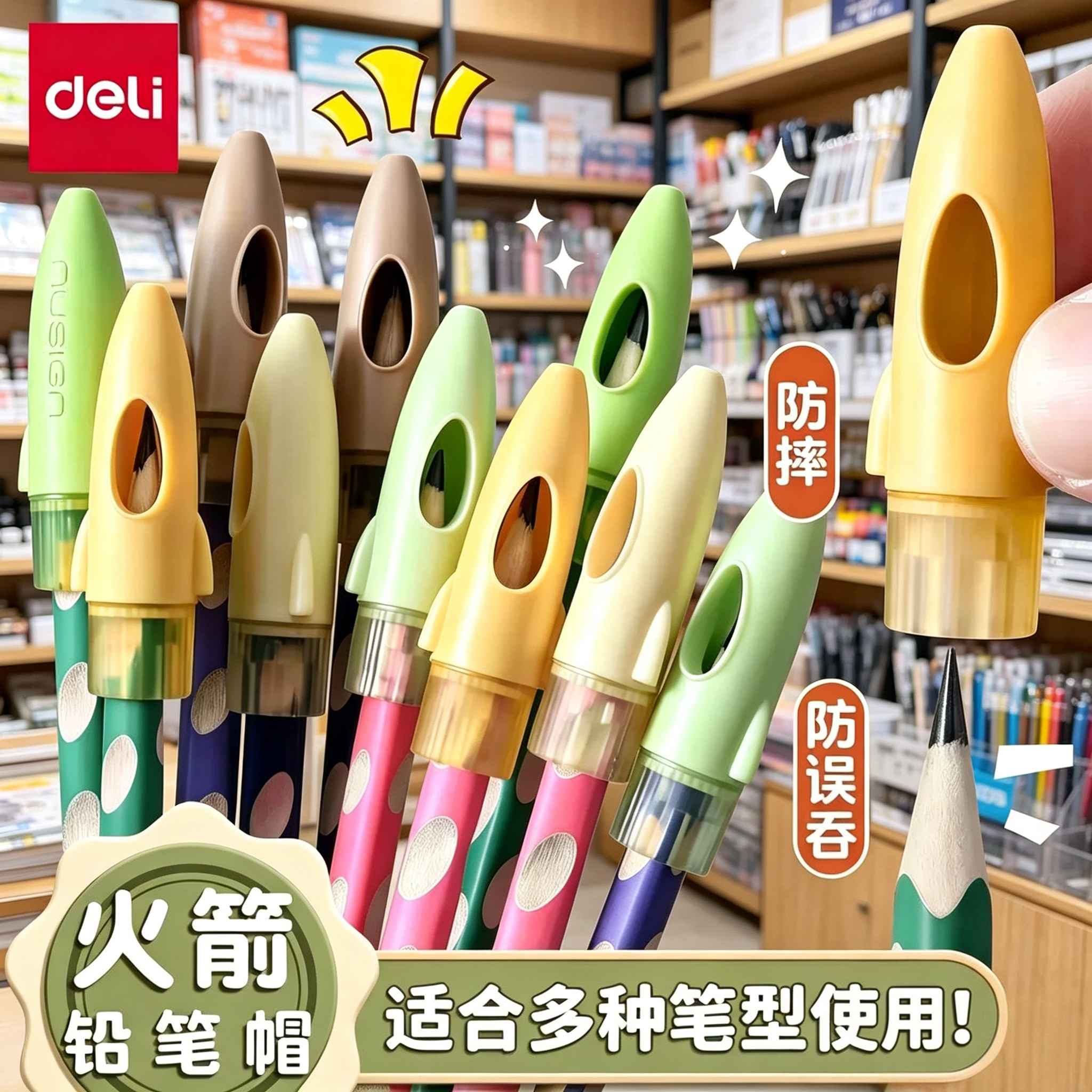 得力纽赛火箭铅笔帽小学生专用护眼软胶笔套铅笔尖保护套延长器幼儿园儿童初学者笔盖洞洞笔三角铅笔头铅笔帽