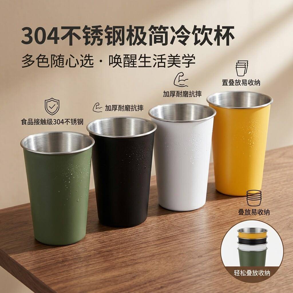 304不锈钢直饮杯多巴胺彩色儿童吸管杯咖啡啤酒杯漱口杯水杯家用
