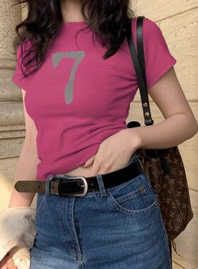 红色正肩短袖t恤女夏季2026新款洋派半袖T恤小个子修身短款上衣