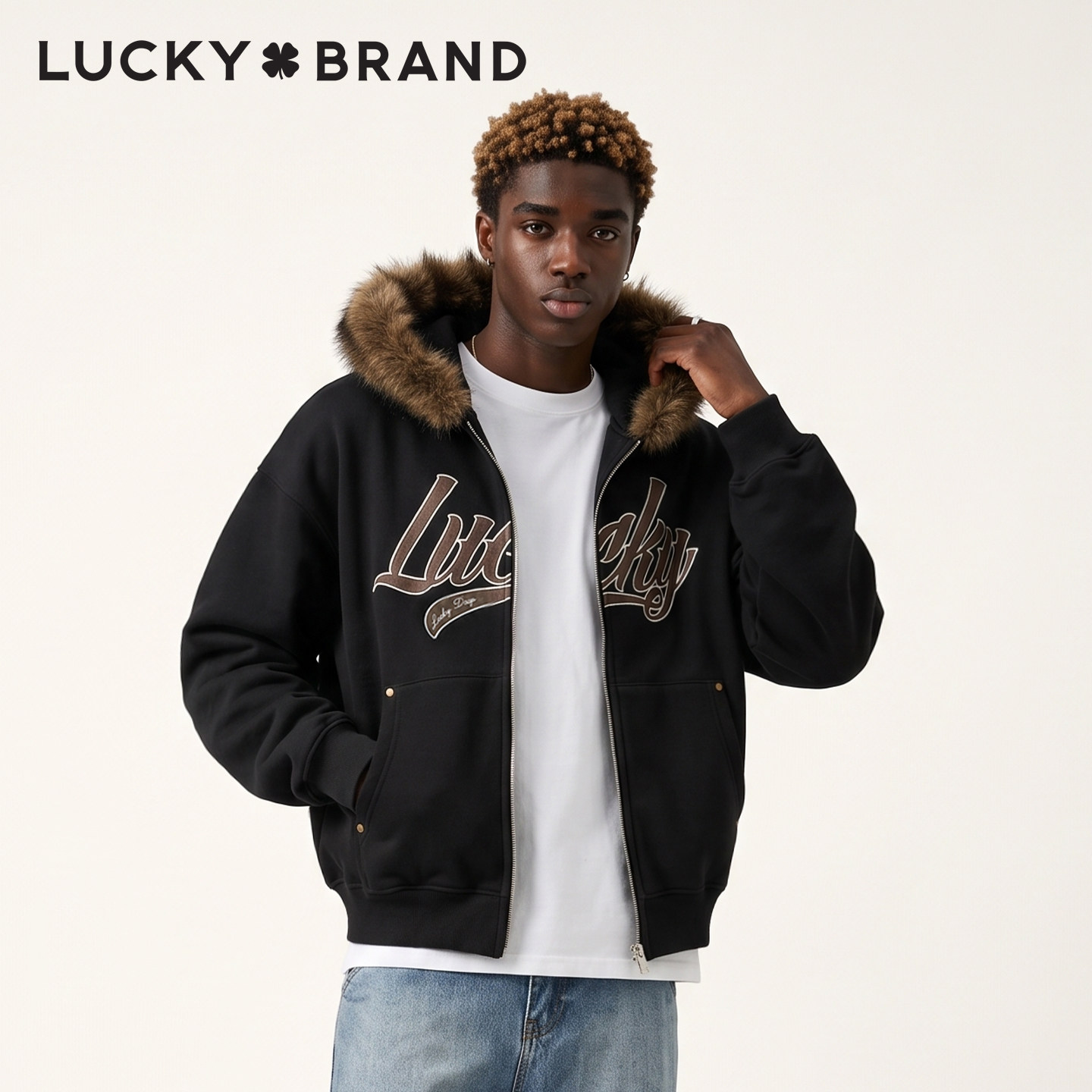 Lucky Brand幸运日毛领针织外套加绒连帽夹克外套冬季保暖潮流