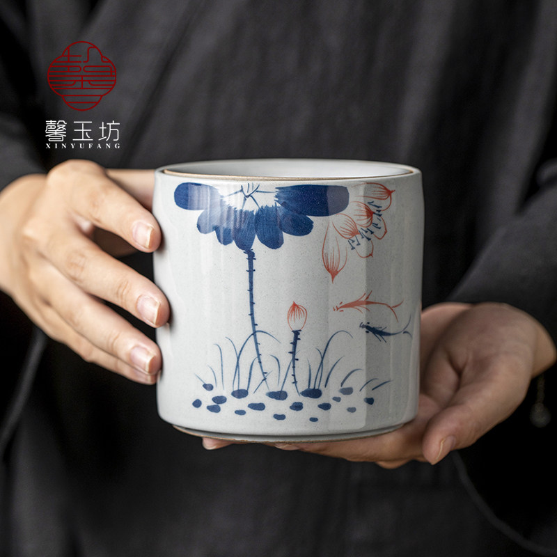 中式手绘陶瓷茶渣缸办公防飞烟灰缸客厅烟缸带盖茶桌面建水废水盂