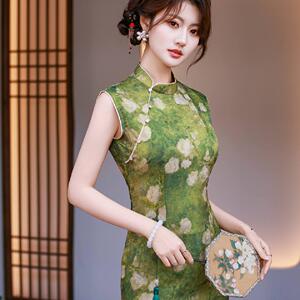 浮光锦复古无袖修身中长旗袍