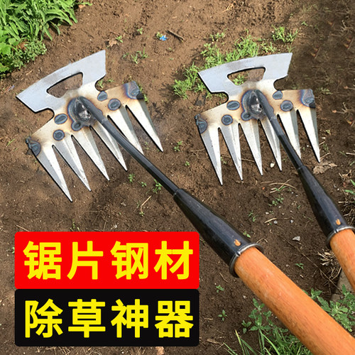 锰钢六齿两用锄草耙子新款除草松土尖锄加厚锯片钢锄头农用工具铲