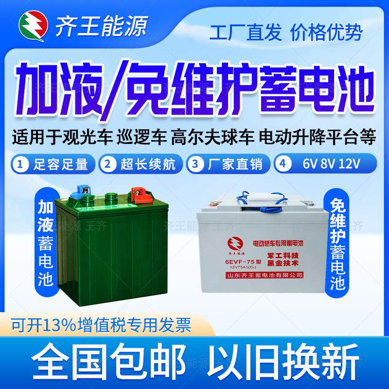 齐王蓄电池6V8V12V加液电池电动观光车高尔夫球车免维护铅酸电池