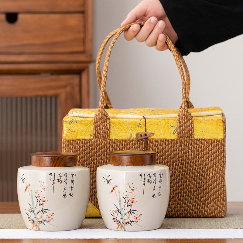 藤编布包茶叶罐大号密封罐家用绿茶红茶普洱中式储存罐防潮存茶罐