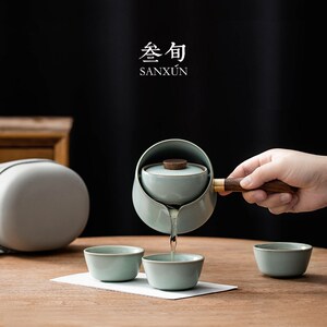 叁旬汝窑转转泡旅行茶具套装便携式快客杯一壶三杯自动泡茶壶高档