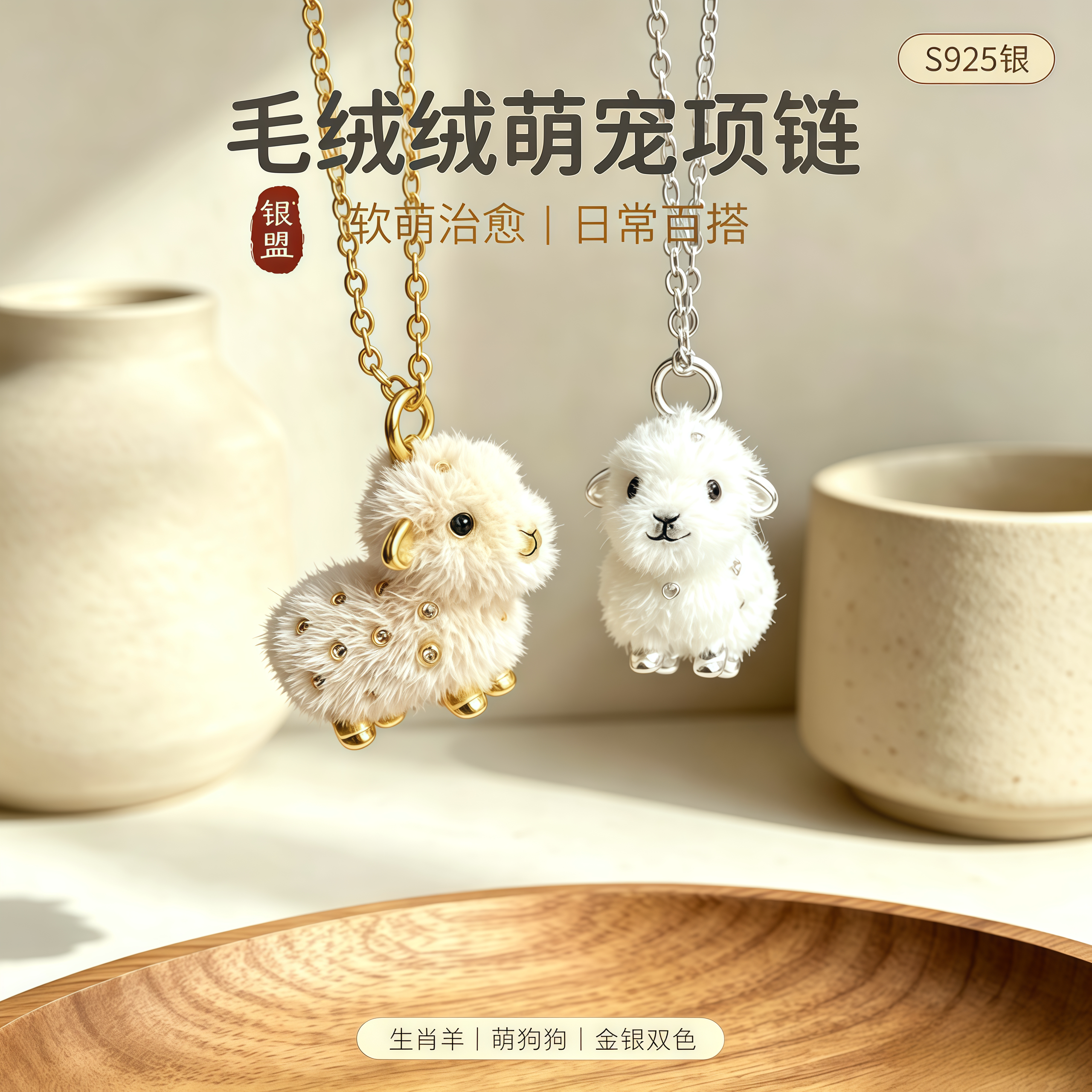 925银毛茸茸萌宠动物吊坠项链